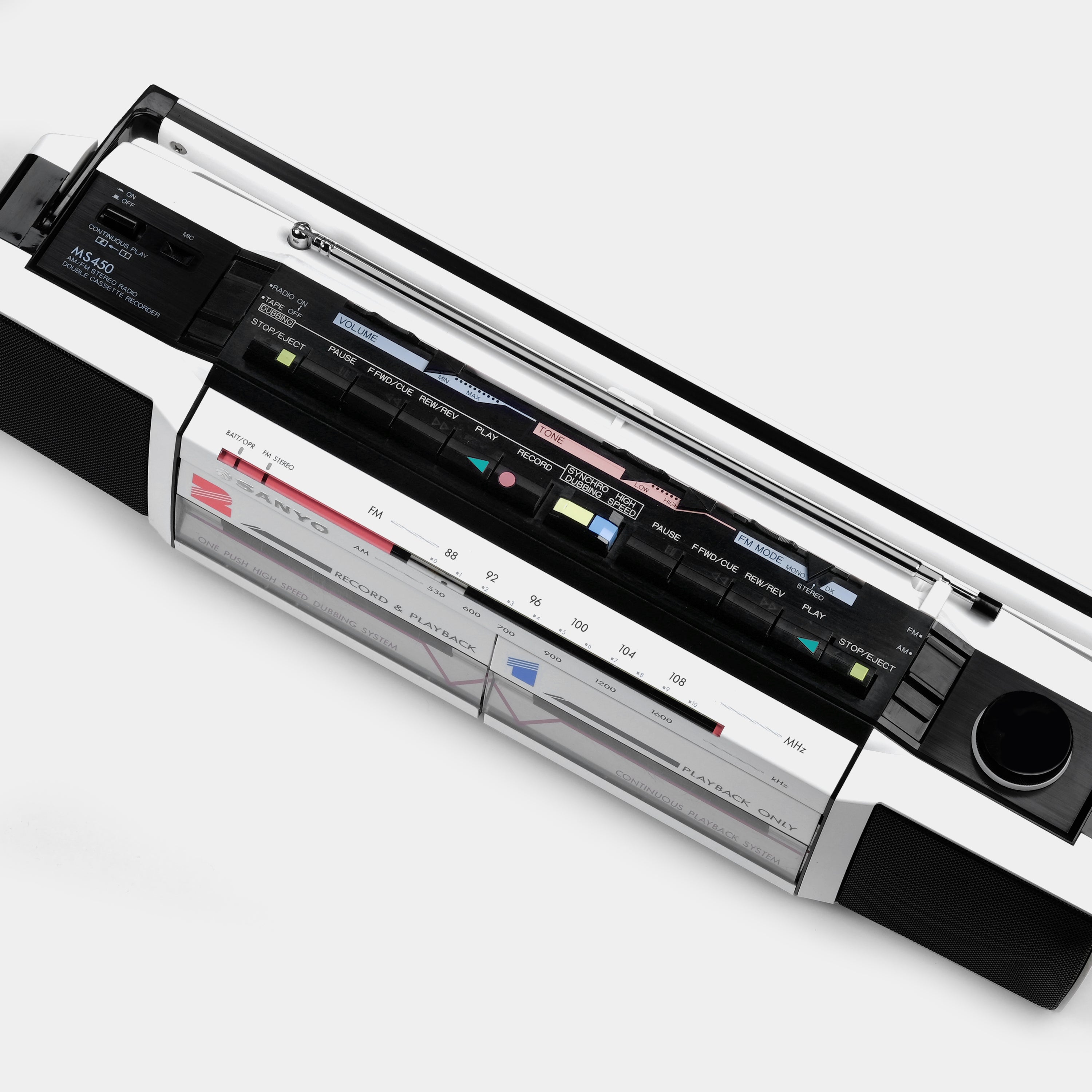 Sanyo MS-450 AM/FM Stereo White Boombox Double Cassette Recorder and Player