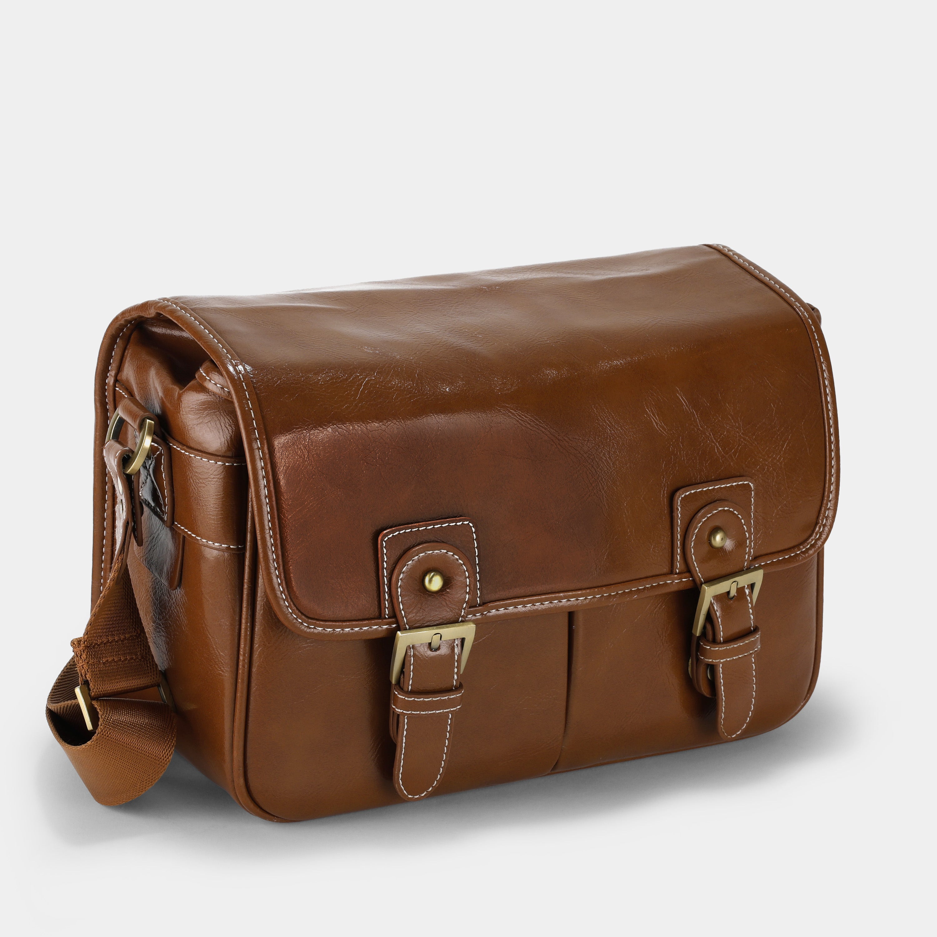 Brown Faux Leather Shoulder Camera Bag