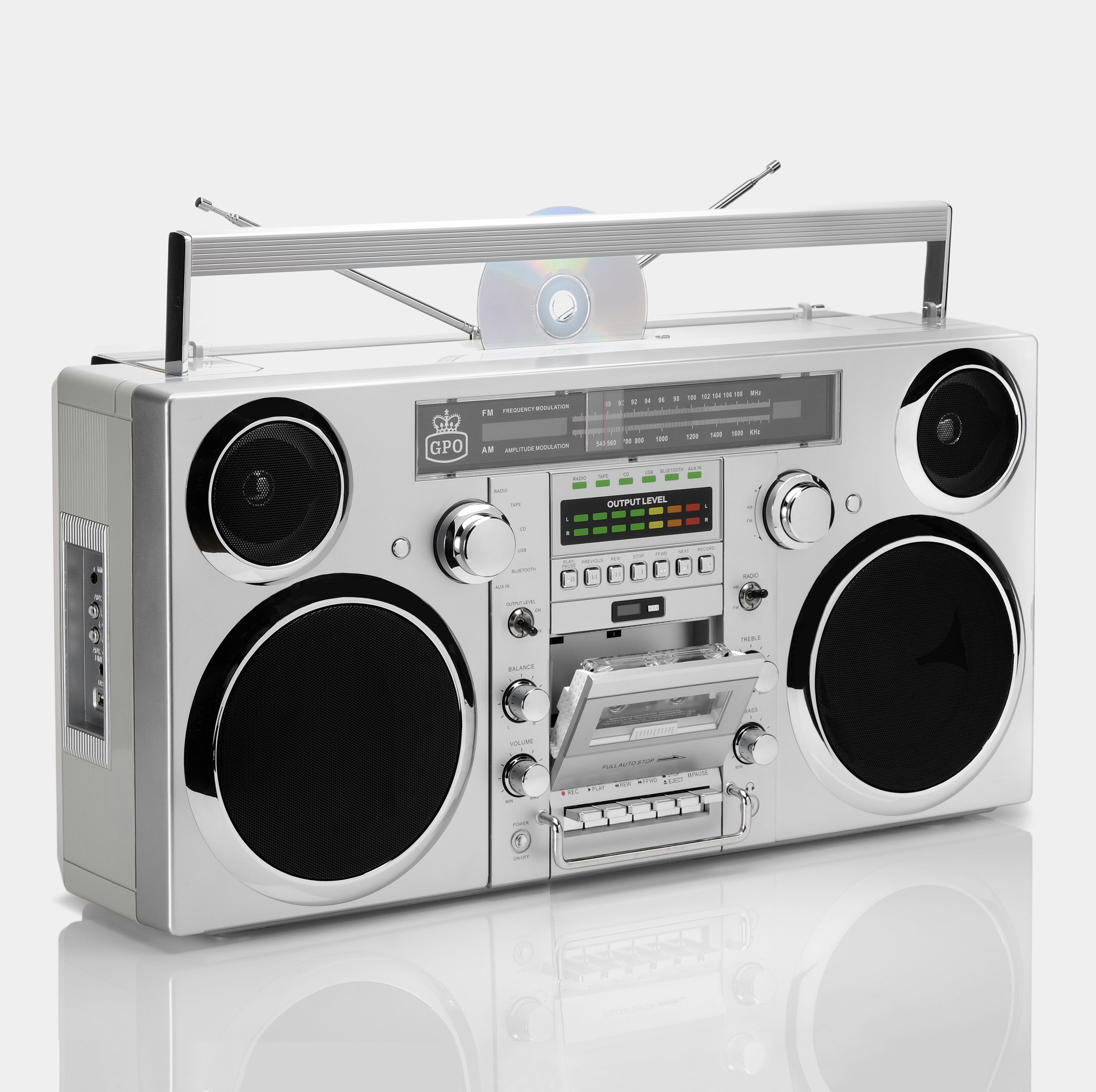 GPO Brooklyn Bluetooth Boombox Stereo Silver Cassette and CD Player