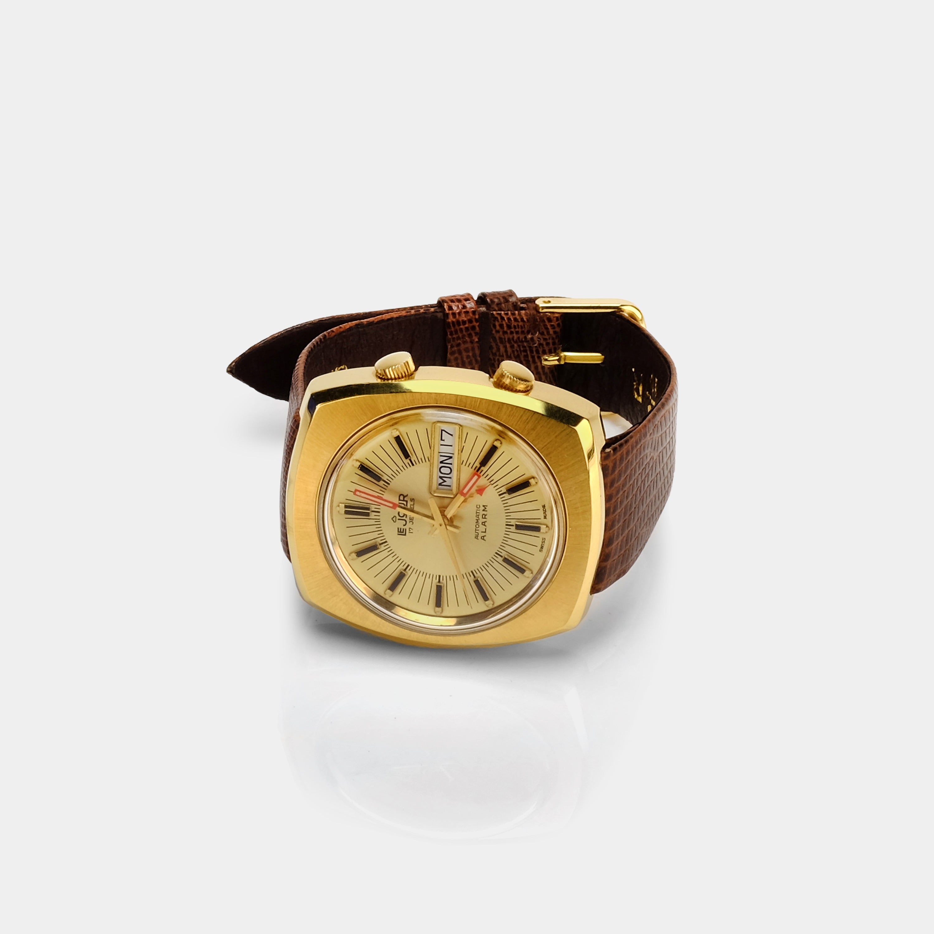 LeJour Day-Date Automatic Alarm Gold Dial Circa 1970s Wristwatch