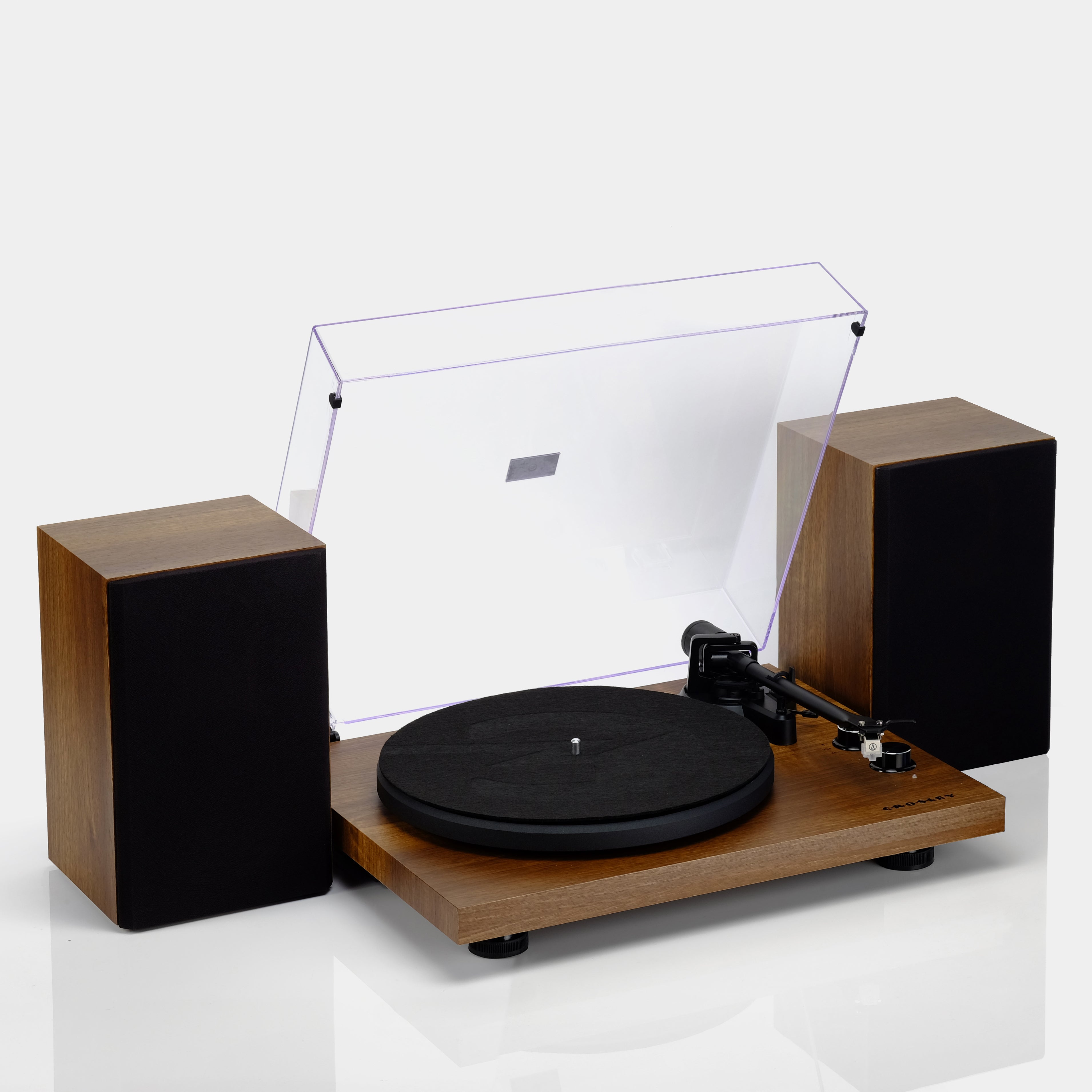 Crosley C62 Walnut Shelf System Turntable and Speakers