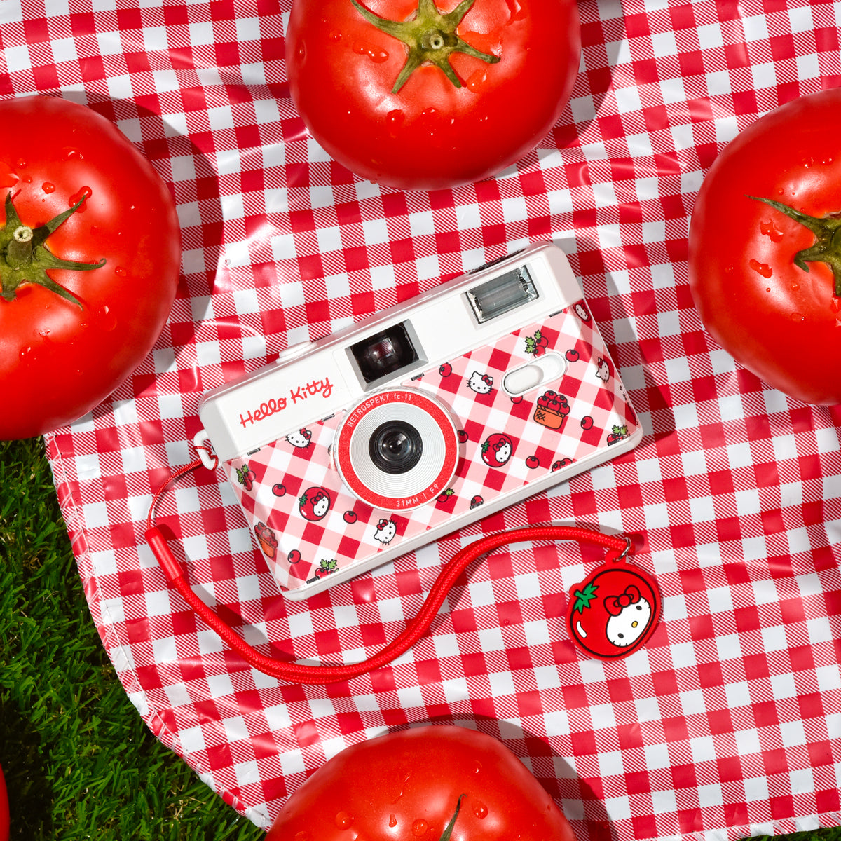 The Hello Kitty Tomatoes FC-11 film camera sitting on a bushel of tomatoes.