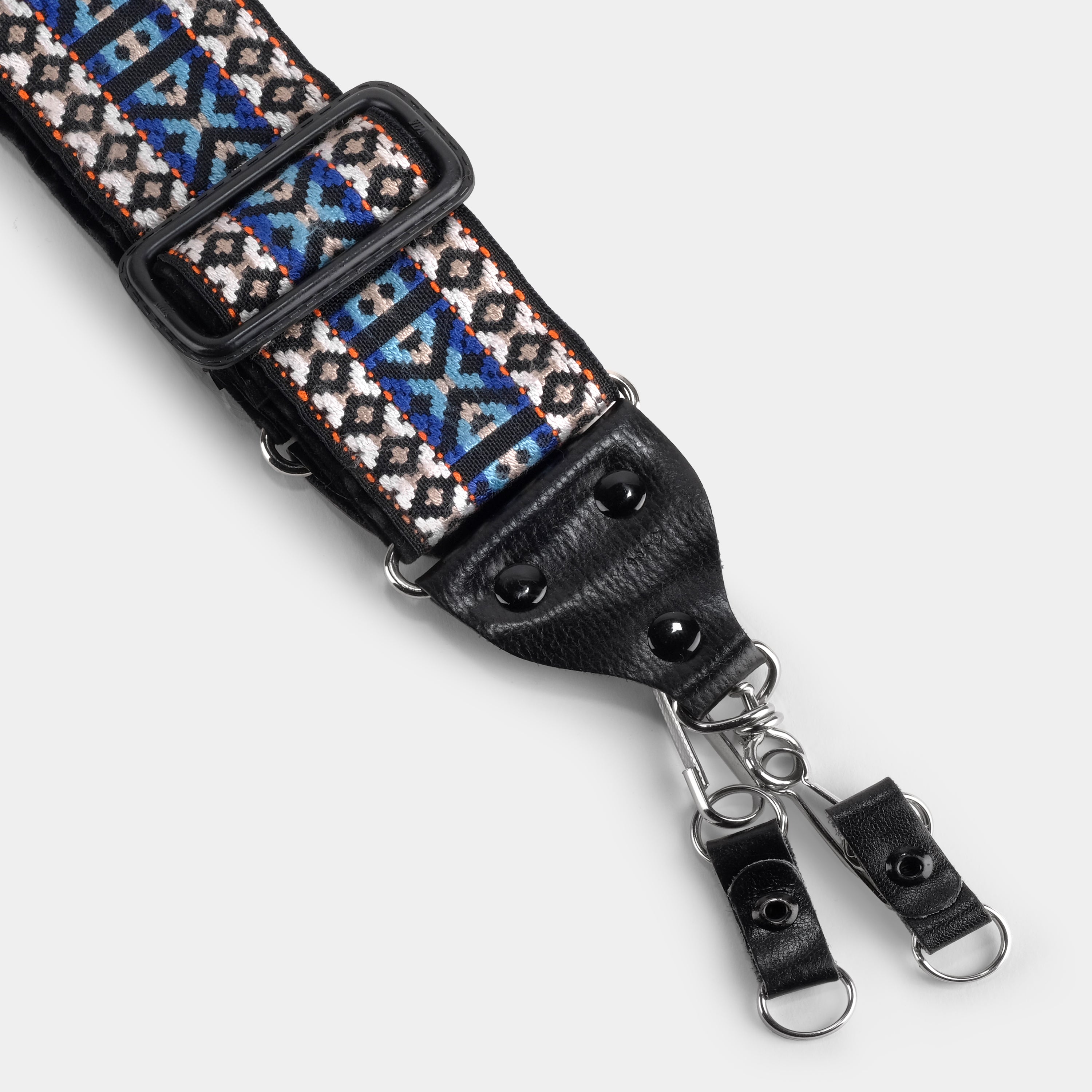 Vintage Blue, Black, White and Orange Patterned Hippie Camera Strap