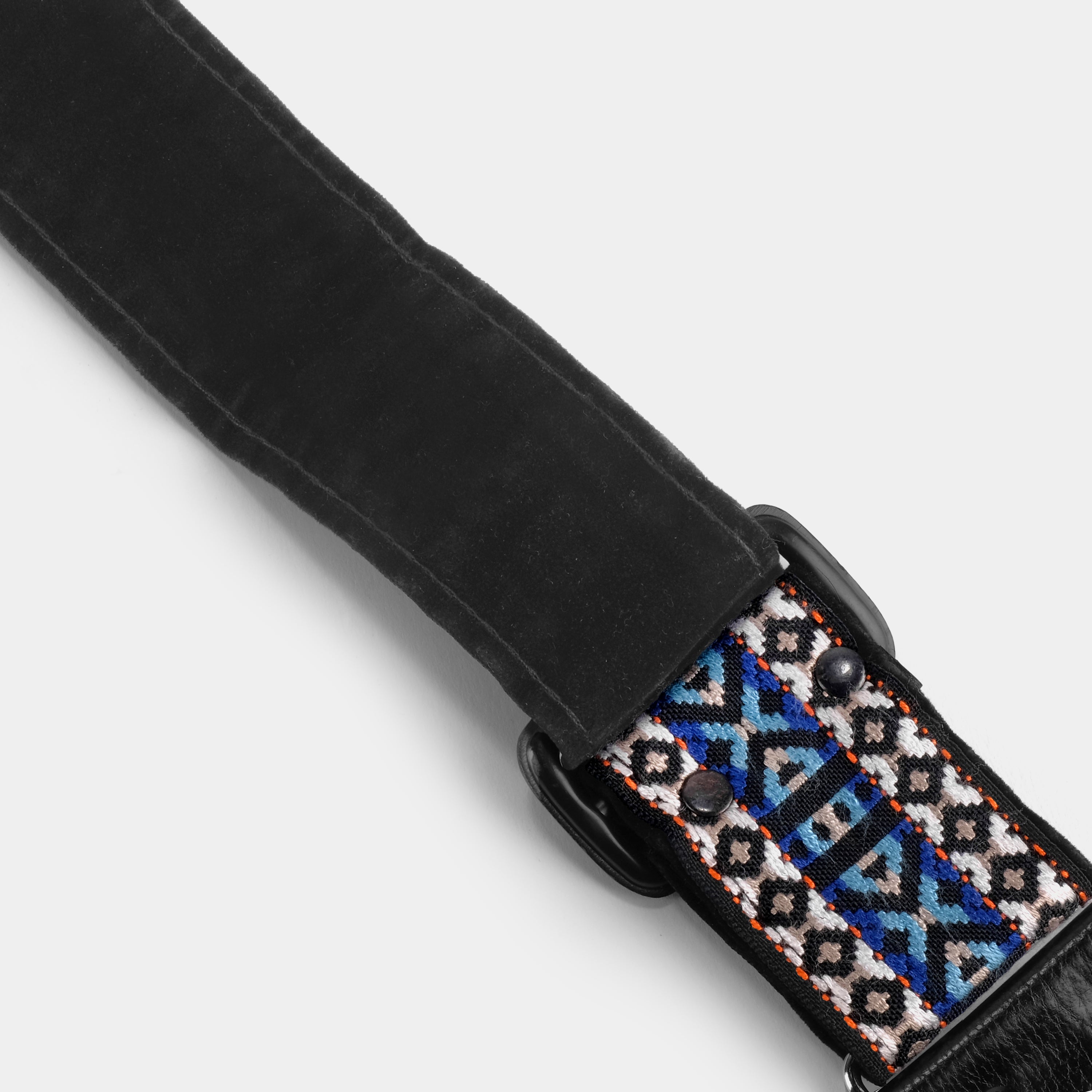 Vintage Blue, Black, White and Orange Patterned Hippie Camera Strap