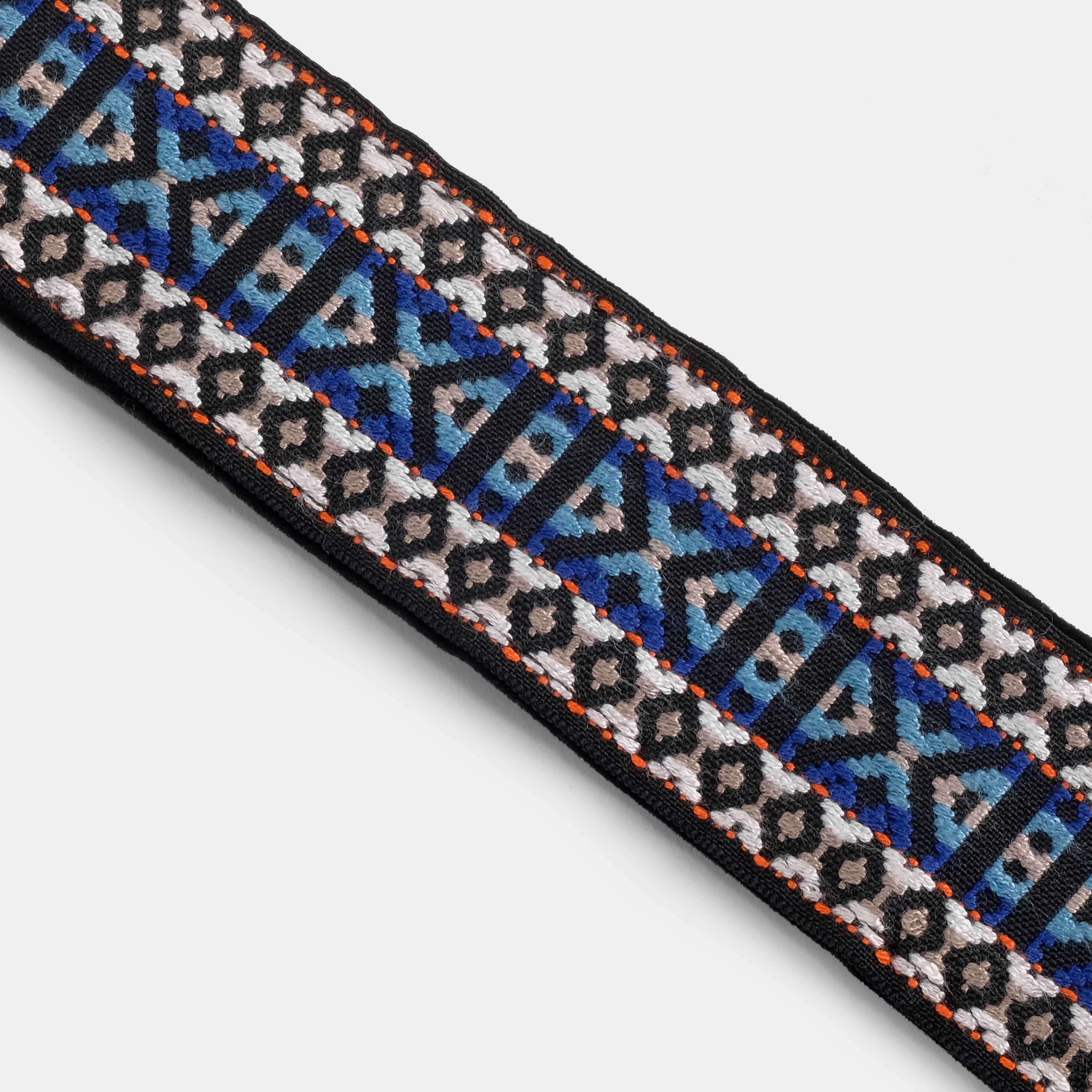 Vintage Blue, Black, White and Orange Patterned Hippie Camera Strap