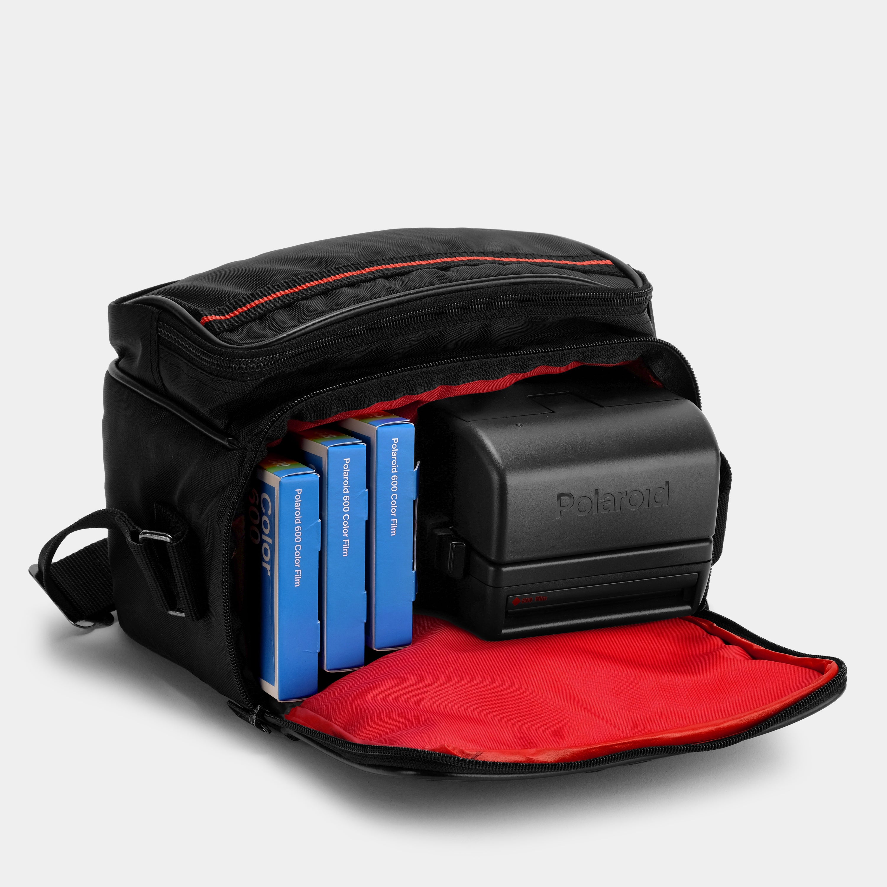 Black Camera Bag with Red Stripe