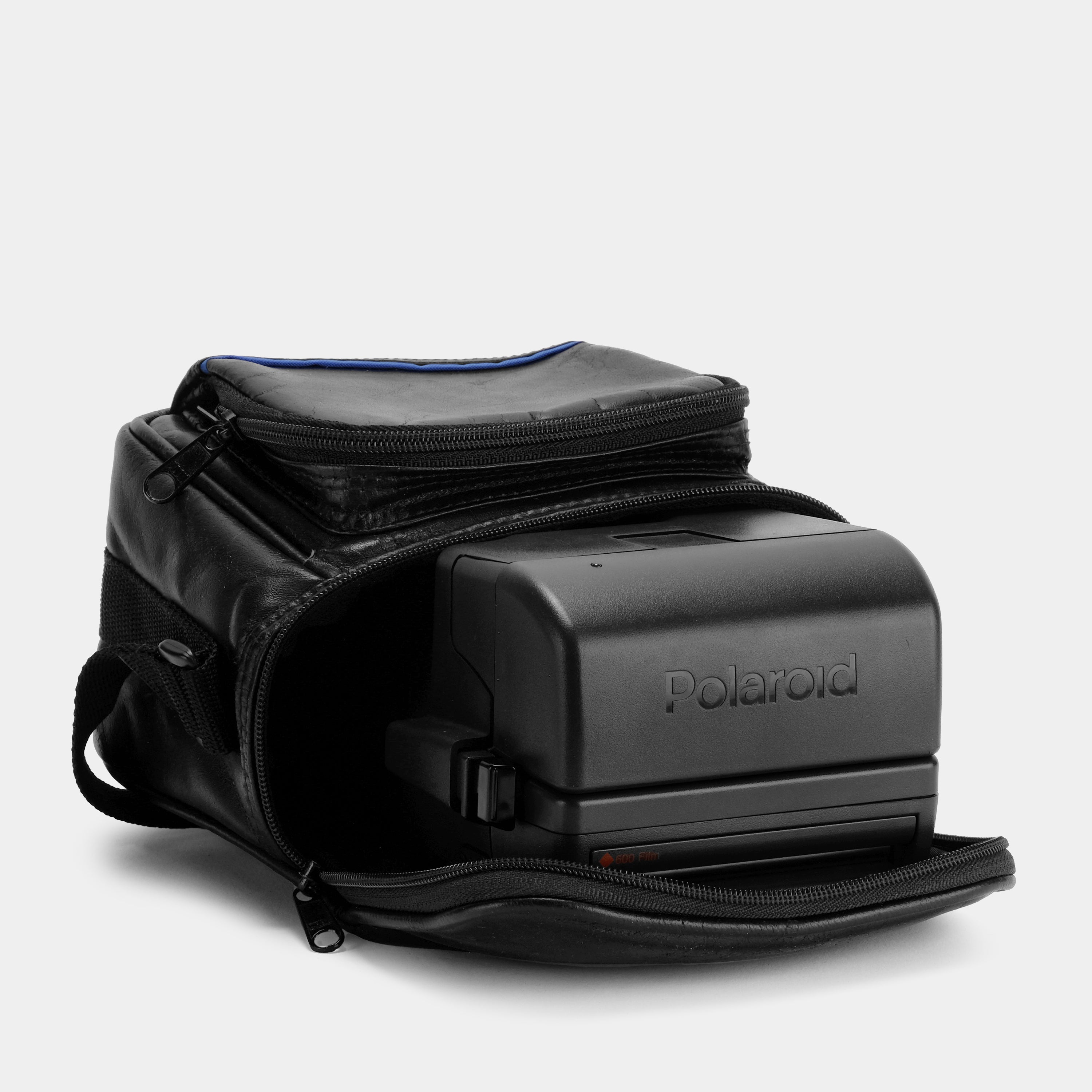 Black with Blue Stripe Leather Camera Bag