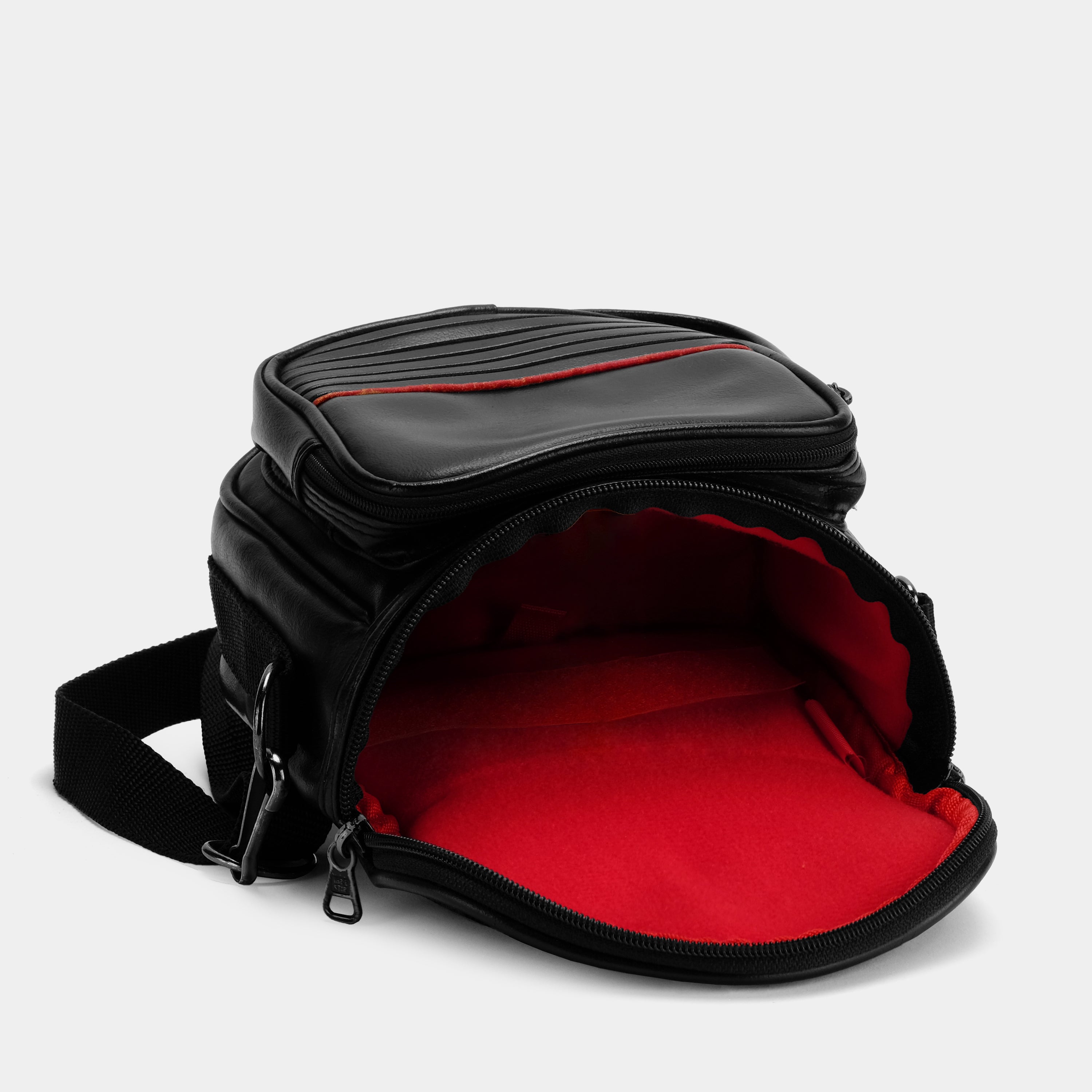Black Leather Camera Bag with Red Stripe