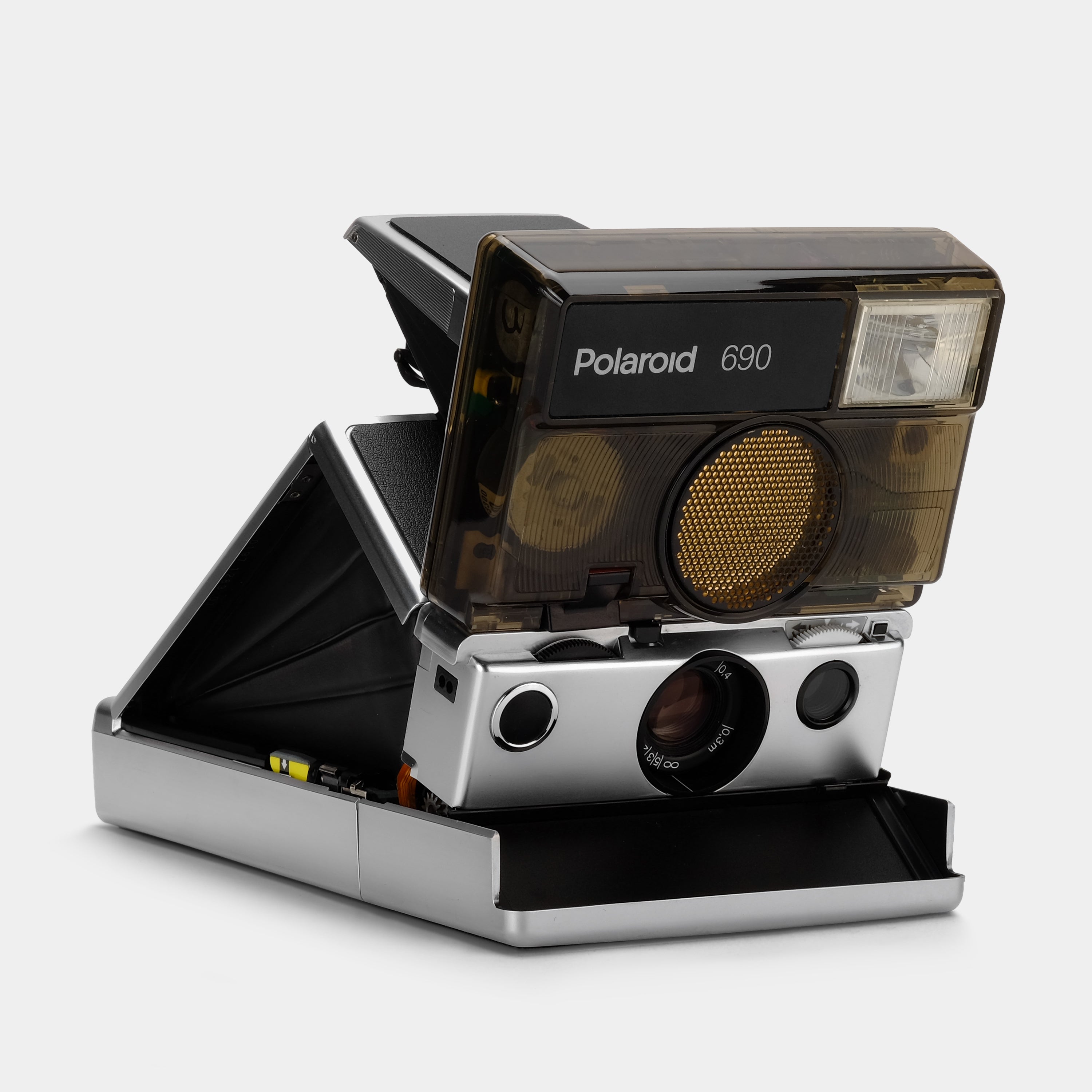 Chrome Polaroid 600 SLR 690 With Smokey Clear Flash Housing Folding Instant Film Camera