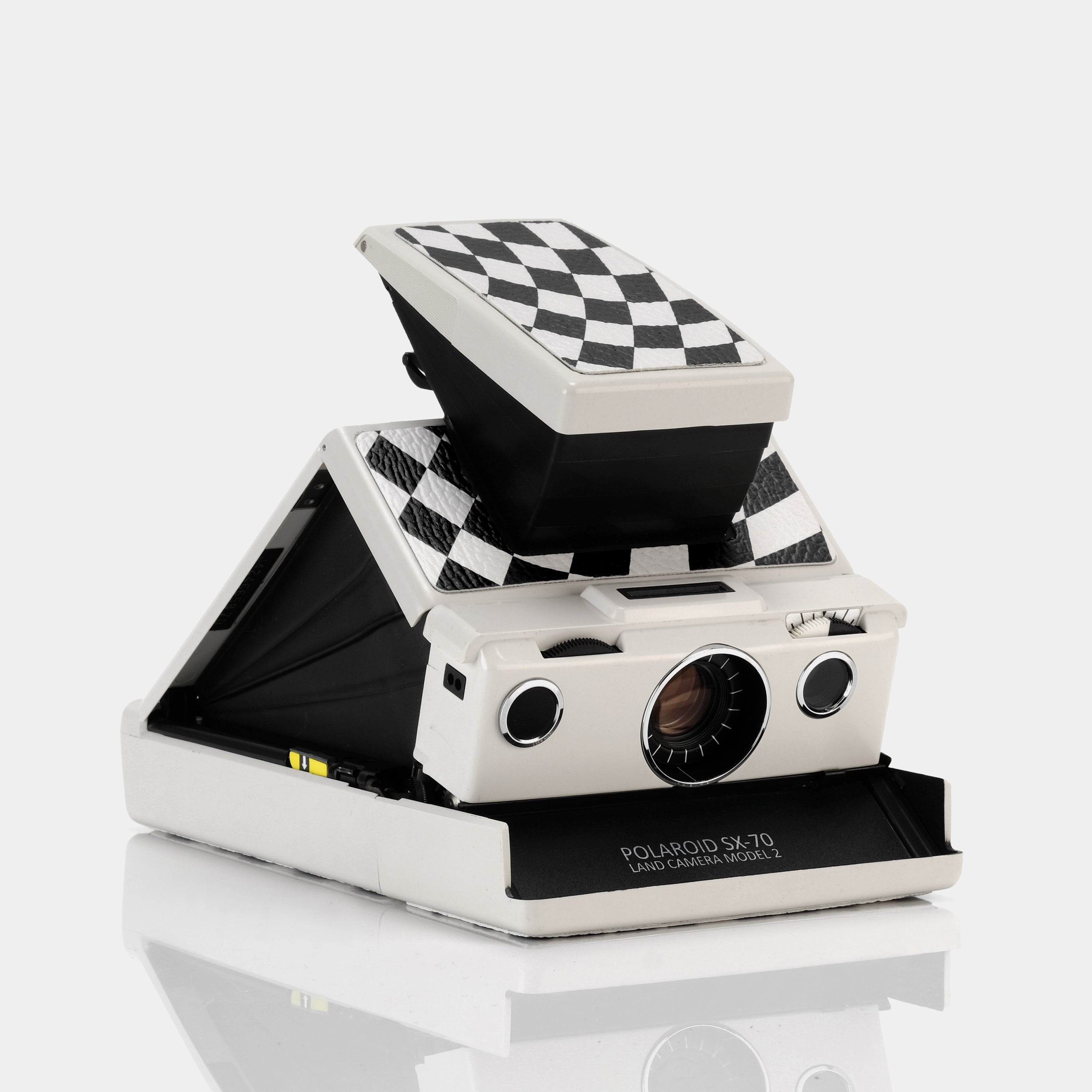 Polaroid SX-70 Model 2 White with Black and Ivory Wave Check Folding Instant Film Camera