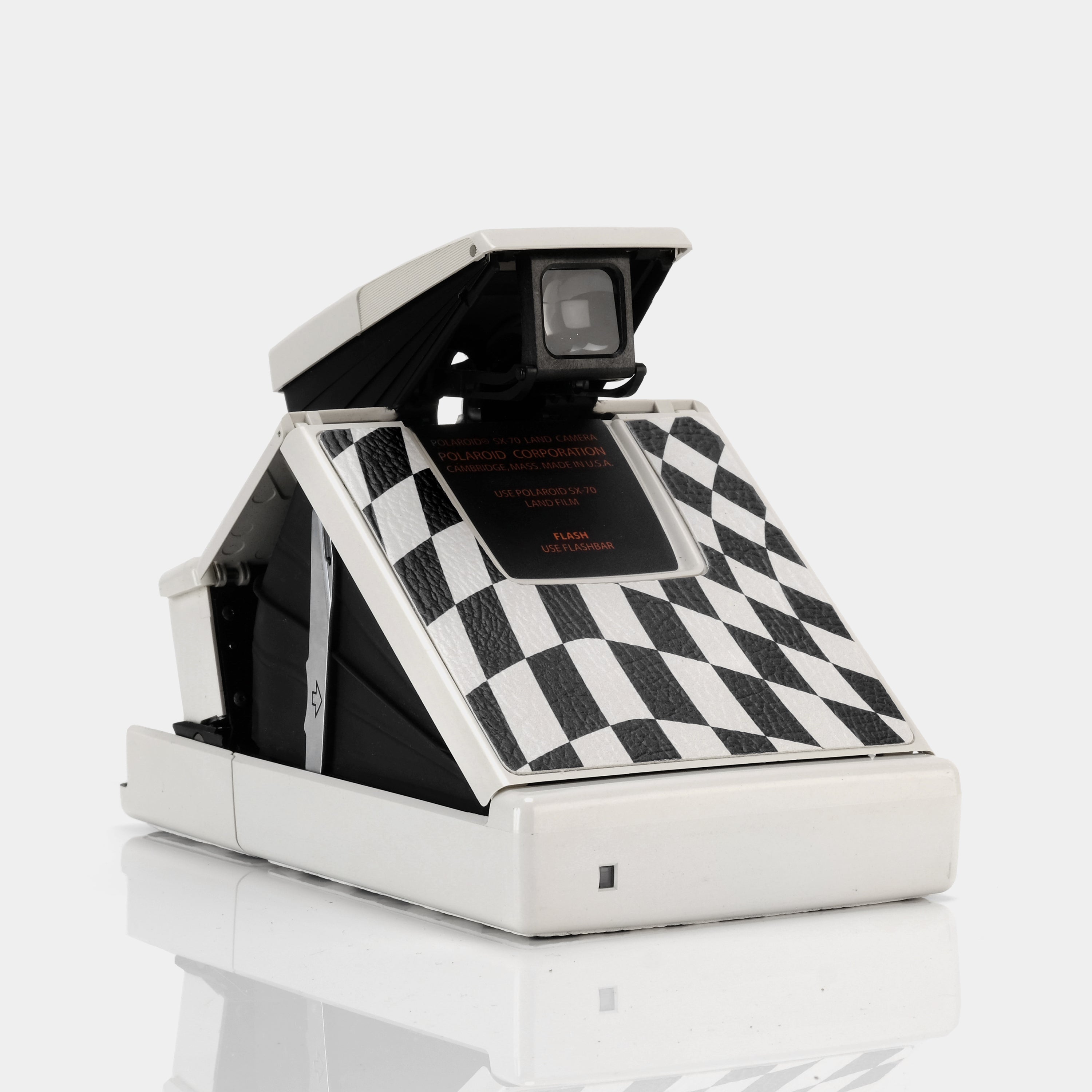 Polaroid SX-70 Model 2 White with Black and Ivory Wave Check Folding Instant Film Camera