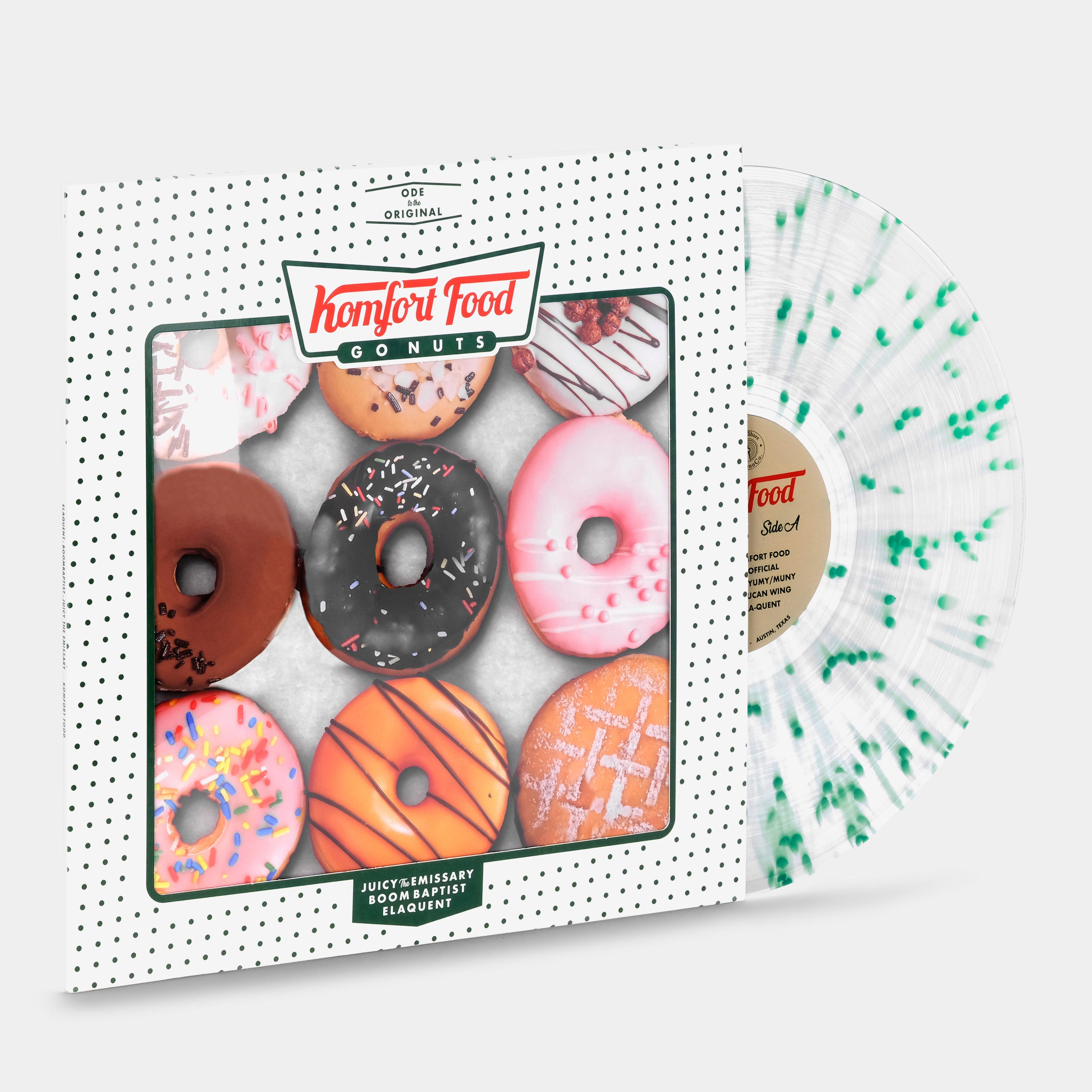 BoomBaptist, Elaquent & Juicy The Emissary - Komfort Food LP Clear w/ Green Splatter Vinyl Record