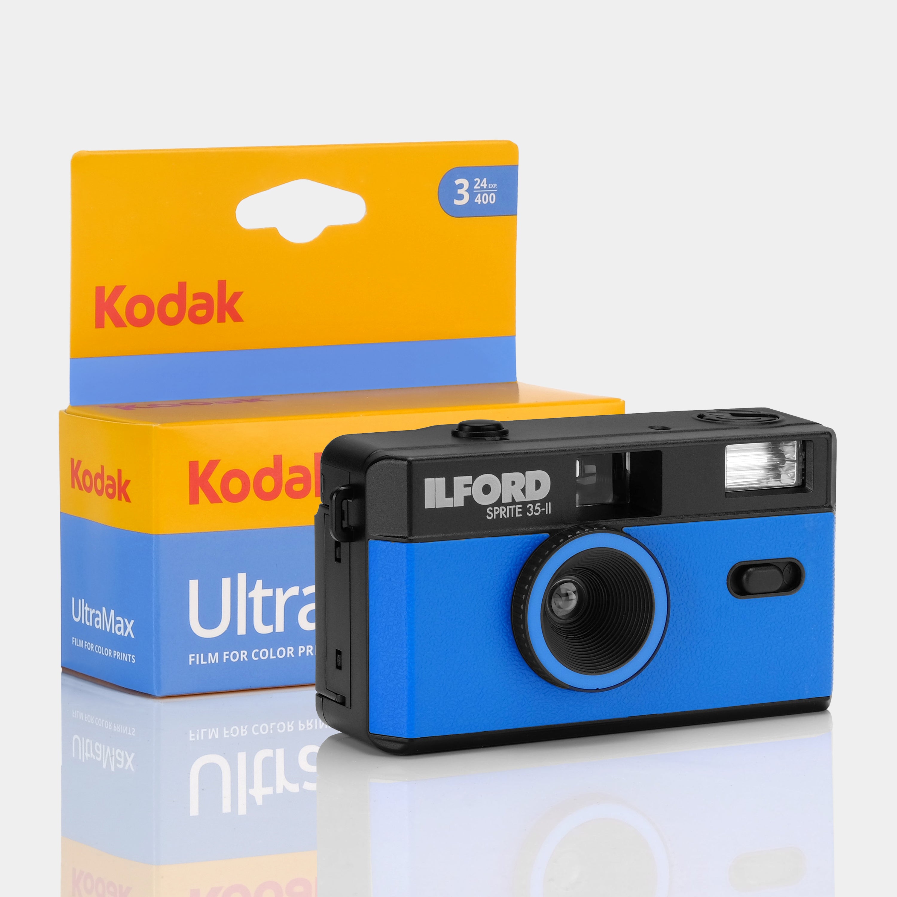 Ilford Sprite 35-II Reusable 35mm Point and Shoot Blue & Black Film Camera With 3-Pack Kodak UltraMax Film