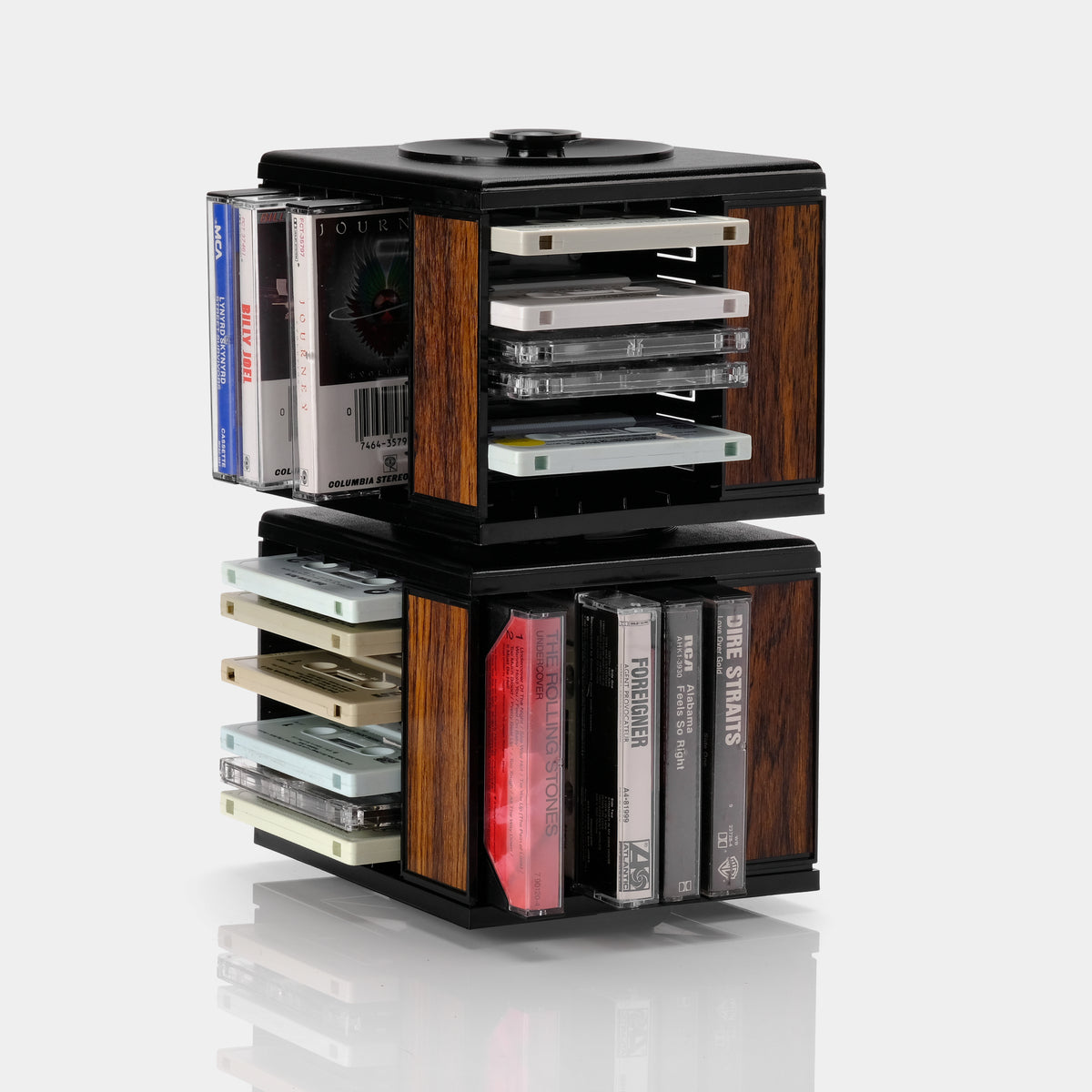 Cassette Stack Black with Brown Wood Plastic Stacking Rotating Cassette Storage Displ