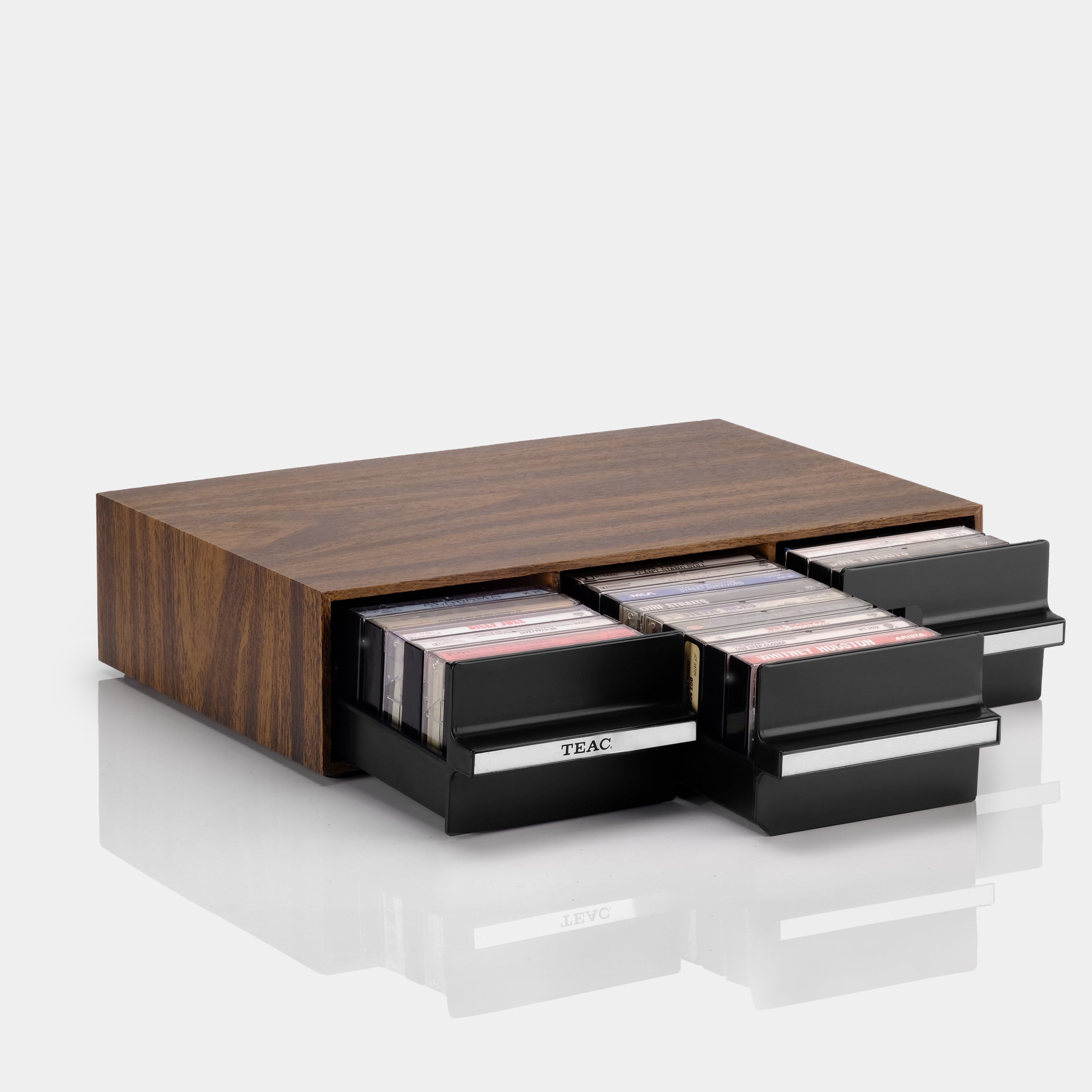 Teac Wood Veneer Cassette Tape Storage Drawers