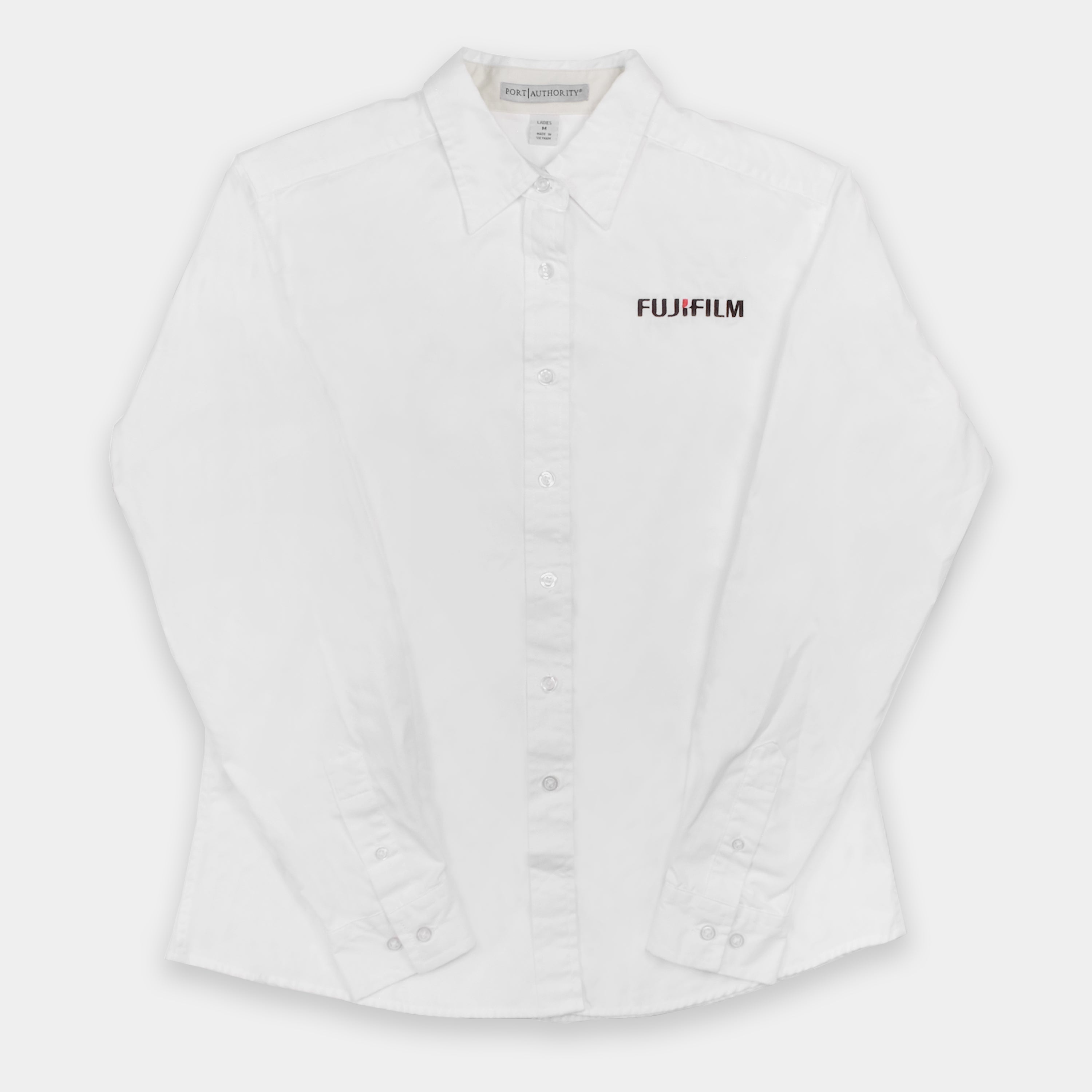 Vintage White Fujifilm Long Sleeve Soft Cotton Blend Button Up Shirt - Women's Medium