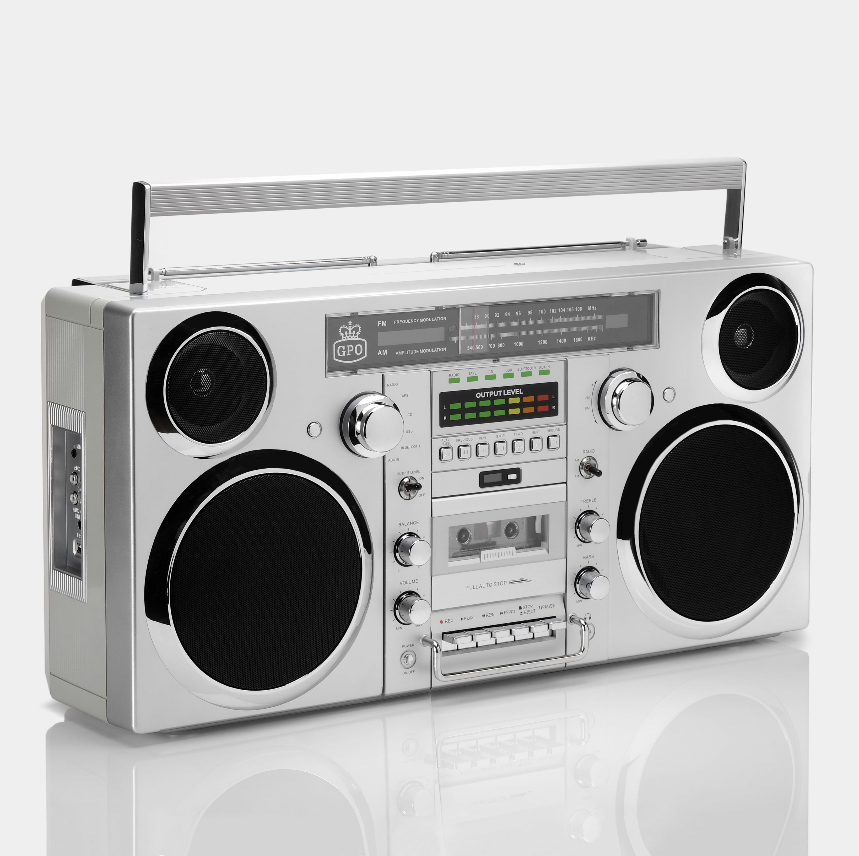 GPO Brooklyn Bluetooth Boombox Stereo Silver Cassette and CD Player