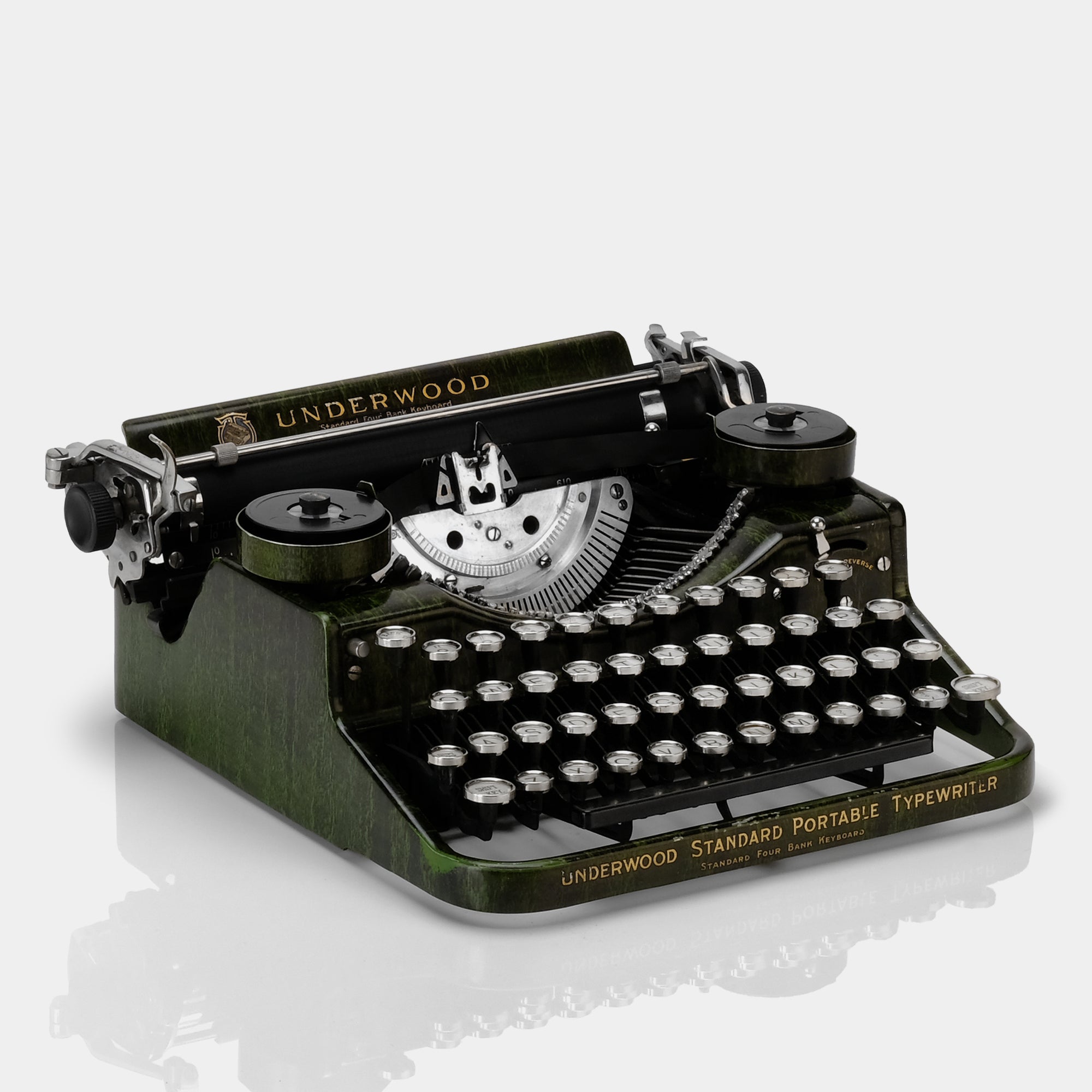 Underwood Standard Four Bank Green Woodgrain Manual Typewriter and Cas