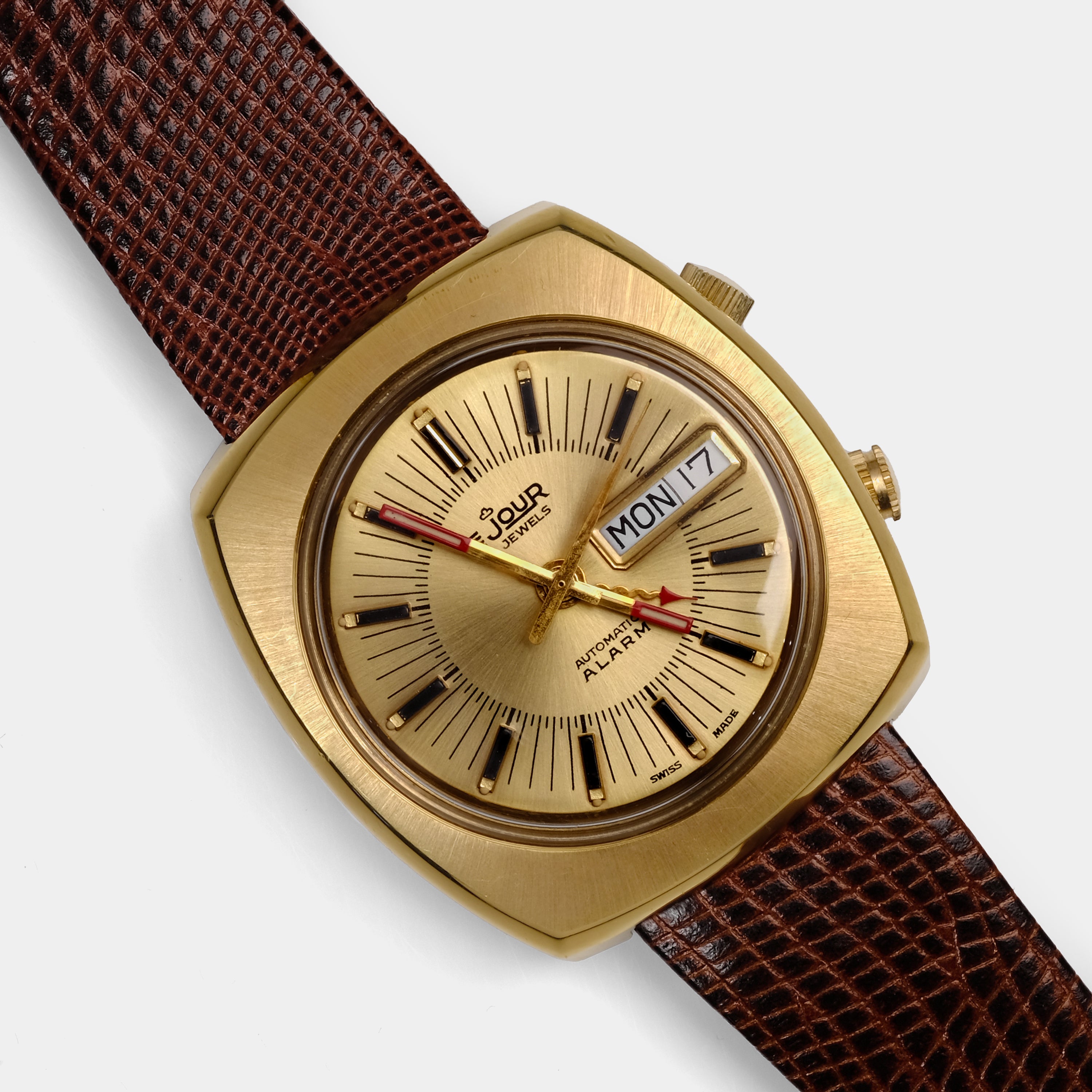 LeJour Day-Date Automatic Alarm Gold Dial Circa 1970s Wristwatch